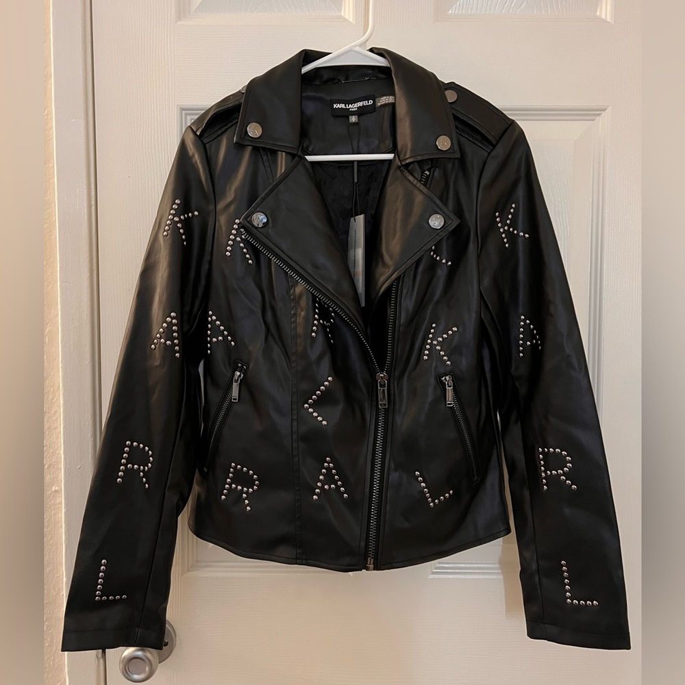 Karl Lagerfeld Paris Women's studded-logo-Faux-Leather-Moto Jacket- Black Size S